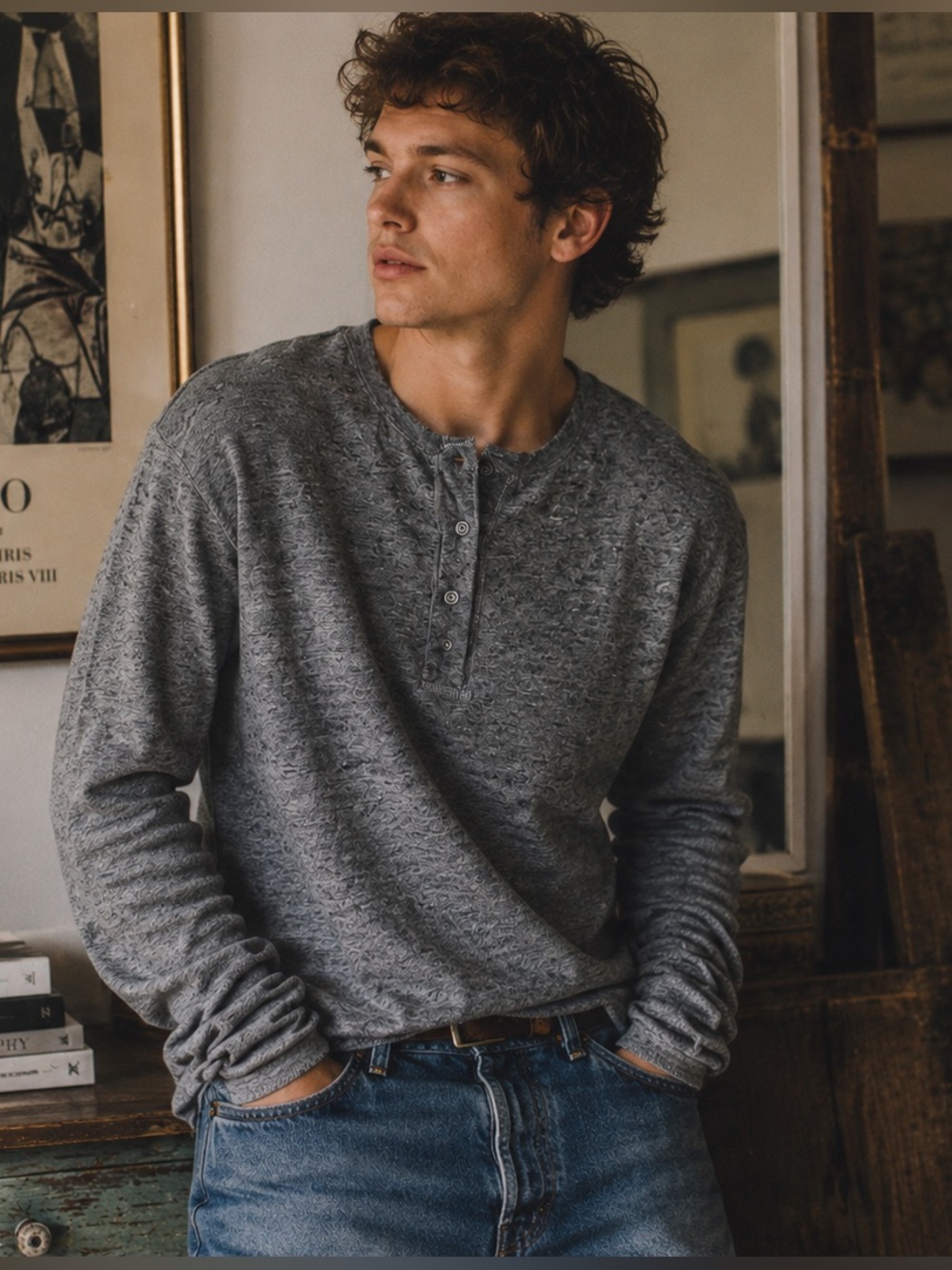 Vintage J. Crew Men's Heather Gray Long-Sleeve Cotton Henley- Medium Tall
